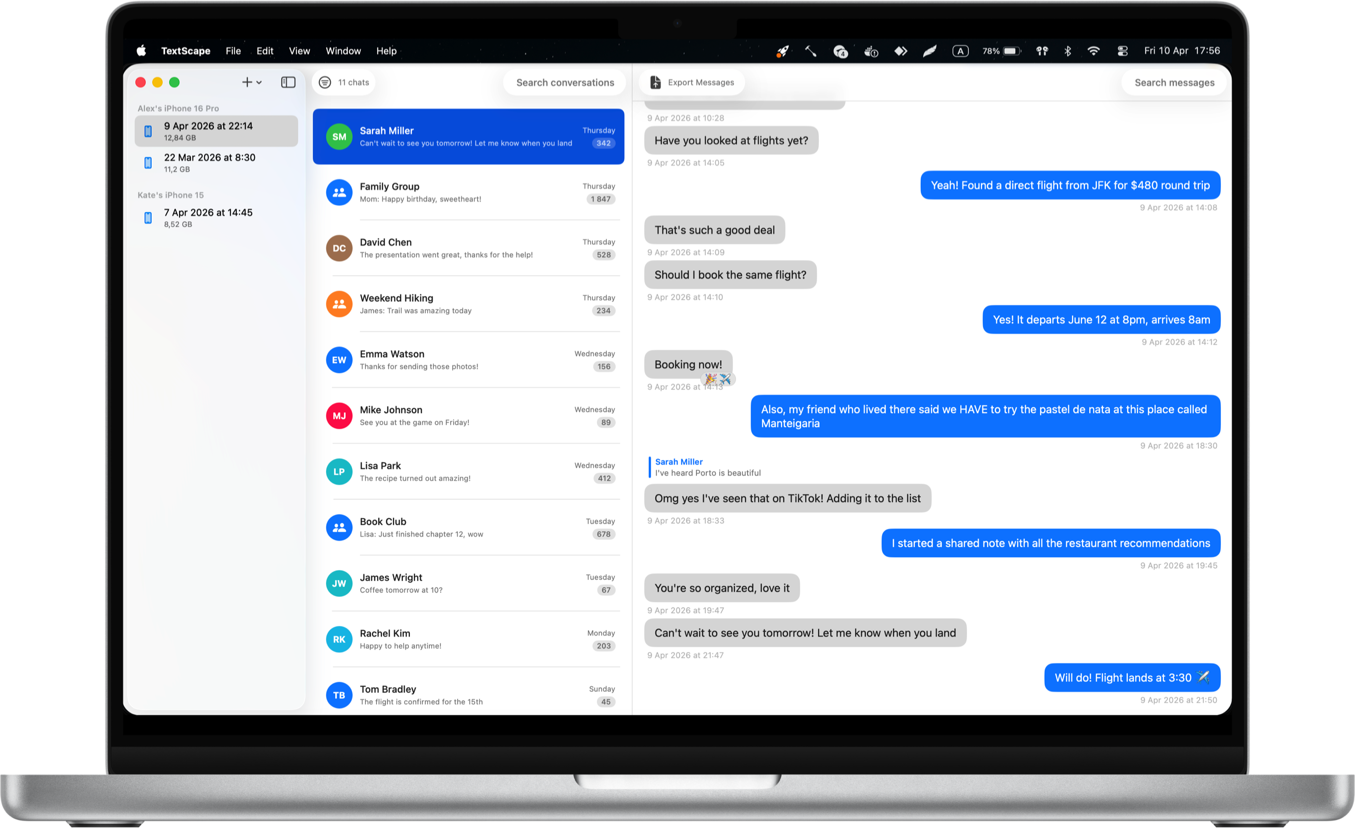 TextScape for Mac — conversation view with message bubbles, reactions, and rich links